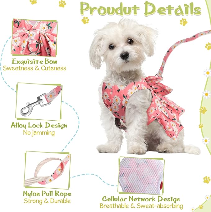 Sanwuta 4 Pack Harness Dog Dress Bowknot Leash Set Floral Princess Dog Harness Dress Vest with Leash Pet Doggy Outfits for Outdoor Walking, 4 Colors(X-Small)