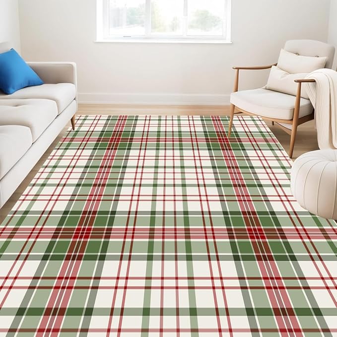 Muddy Mat짰 Plaid 3x5 Washable Area Rugs for Living Room, Bedroom & Dining Room ??Modern Soft Low Pile Non Slip Carpet ??Pet Friendly Waterproof Foldable Rugs for Home