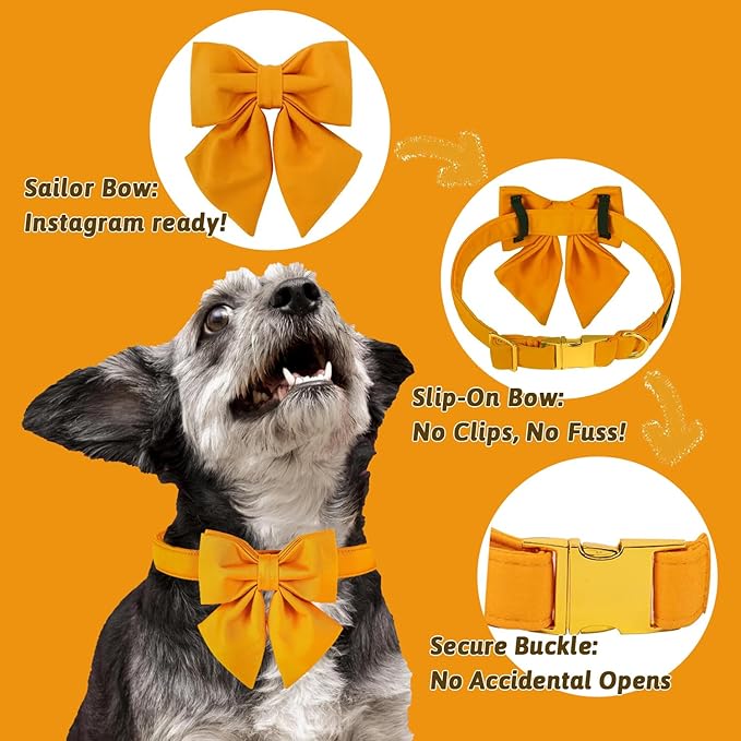 Maca Bates Mango Yellow Dog Collar with Cute Solid Sailor Bow Tie for Extra Large Girl Boy Dogs,Adjustbale Durable Breakaway Soft Collars with Bowtie for Female Male Puppy,Pet with Metal Buckle