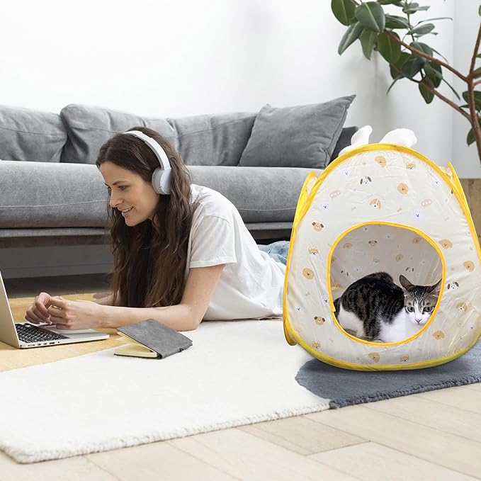 Andiker Cat Tent, 3 Holes Safe and Strong Cute Cats Tunnel Collapsible Easy to Carry Cat House for Indoor Cats Kittens Hiding Playing Training Sleeping(Tent Yellow)