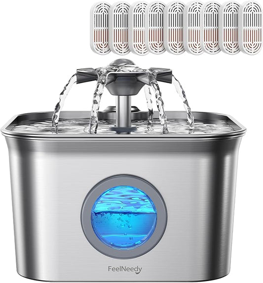 Stainless Steel Cat Water Fountain, 2.8L with 20dB Ultra-Quiet Pump- Ideal for Timid Pets, LED Water Level Window, Dishwasher Safe, 24/7 Circulation- Includes 9 Replacement Filters