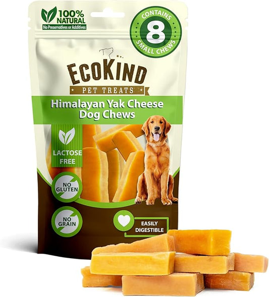 EcoKind Pet Treats Gold Himalayan Yak Cheese Dog Chew, Yak Dog Treats for Active Chewers, 100% Natural & Healthy Chew Sticks for Dogs, Small Yak Cheese Sticks (8 Chews)