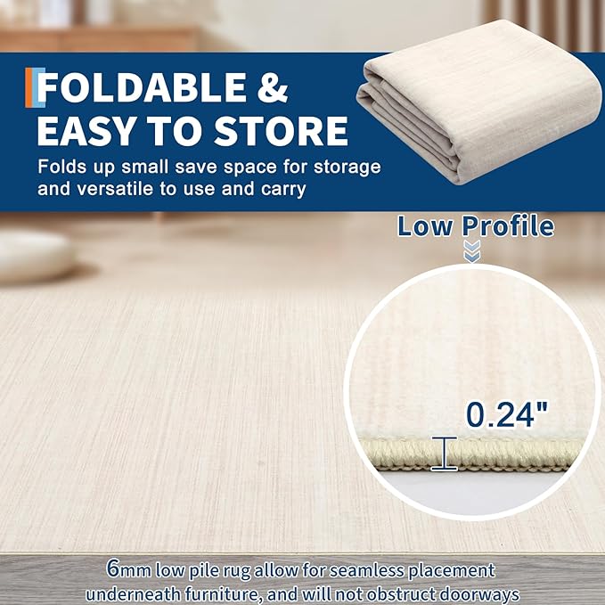 Area Rug 4x6 Washable Bedroom Rugs Non Slip Modern Solid Color Large Living Room Throw Carpet Low Pile Minimalist Kitchen Rug Plain Accent Rug Mat Classic Boho Area Rugs for Nursery Entryway, Ivory