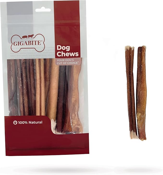 GigaBite Single Ingredient All Natural Free Range Bully Treats and Chews - Bully Sticks/Bladder Sticks/Beef Esophagus by Best Pet Supplies - Bully Sticks (Regular 6"), Pack of 8