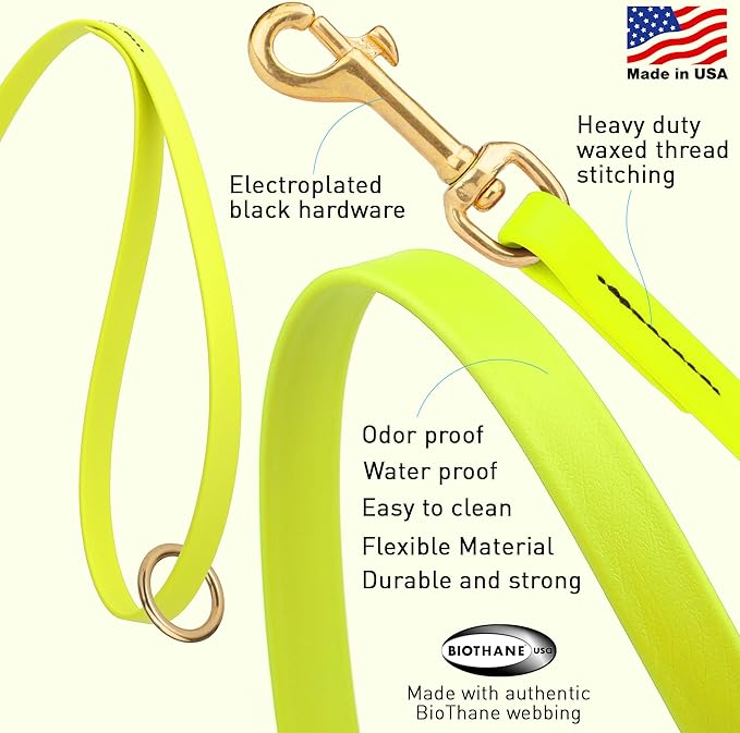 Viper Biothane K9 Working Dog Leash Waterproof Lead for Tracking Training Schutzhund Odor-Proof Long Line with Solid Brass Snap for Puppy Medium and Large Dogs 6ft, Safety Yellow