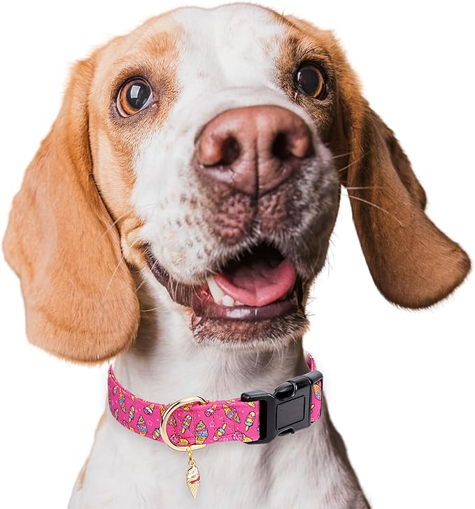 Cotton Dog Collar,Adjustable Cute Puppy Collar with Moon Patterned Design for Small Medium Large Dogs,Soft and Fancy Pet Collar with Safety Buckle for Girl Boy Dogs (Red Ice Cream, S)