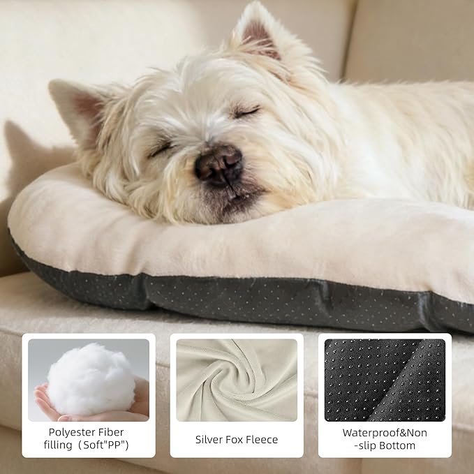 Washable Large Dog Bed for Medium & Large Breeds, Non-Slip Bottom & Plush Faux Silver Fox Fur Oval Cushion Pad for Big Dogs, Soft Mat for Crates, Beige, 41x27 Inch