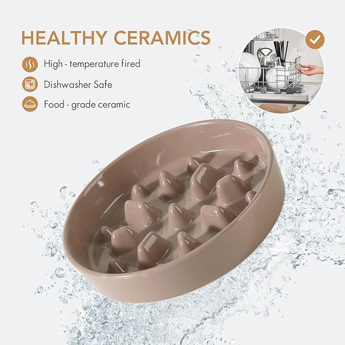 Ceramic 1.6 Cup Dog Bowl Slow Feeder, 8.2 inch Slow Pet Food Dish for Medium and Large Dog, Stop Bloat, Preventing Choking(Single Bowl, Brown Coffee)
