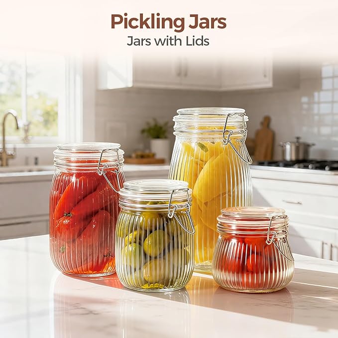 ComSaf Airtight Glass jar with lid 51oz Set of 3, Glass Storage Containers with Lids, Large Glass Canister, Striped Clip Fastening Jar for for Canning, Flour, Pasta,Coffee Beans, Cereal, Rice, Pickle