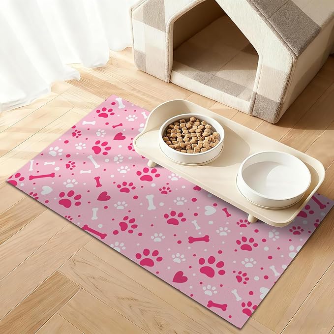 Pink Paw & Bone Dog Food Mat, Dog Cat Feeding Mat, Non-Slip Super Absorbent Pet Food Pad, Pet Bowl Mat for Food & Water Bowls, Dog Enthusiast Home Decoration, 12 x 20 Inch