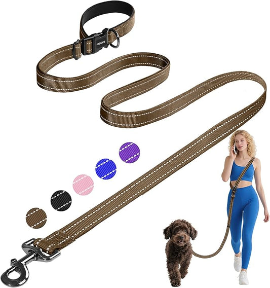 Kazazoo Hands-Free Adjustable Length 5-8 Ft Dog Leash, Waist for Dog Walking, Running for Dogs with Reflective Strips, Ballistic Nylon, Waist Belt Adjustable, Lightweight Brown M