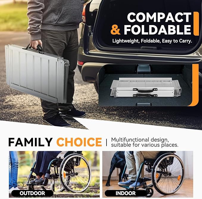 Auto Dynasty Wheelchair Ramp 2FT, Portable Folding Aluminum Wheel Chair Threshold Ramps for Home Steps Doorways, 800Lbs Capacity, 29Inch Width, Silver