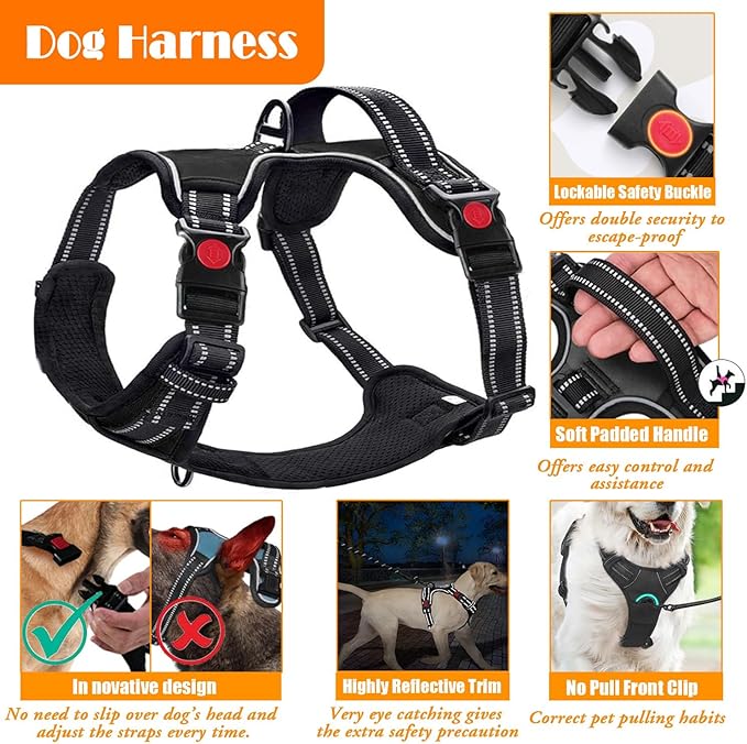 No Pull Dog Harness, Collar & Leash Set | Includes Dog Seat Belt, Collapsible Bowls & Poop Bag Dispenser. Ideal for Training, Walking, Hiking. Fits Small to Large Dogs(Black-M)