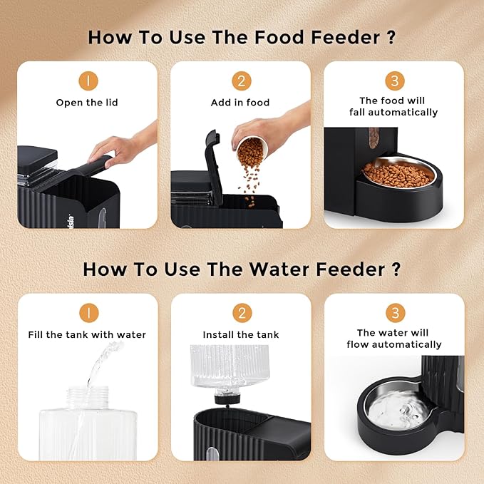 Gravity Cat Feeder and Water Dispenser with 304 Stainless Steel Bowls, 2 in 1 Automatic Cat Feeder with 180 Degree Rotatable Water Bowl, Large Capacity for Puppy Kitten Rabbits, Black