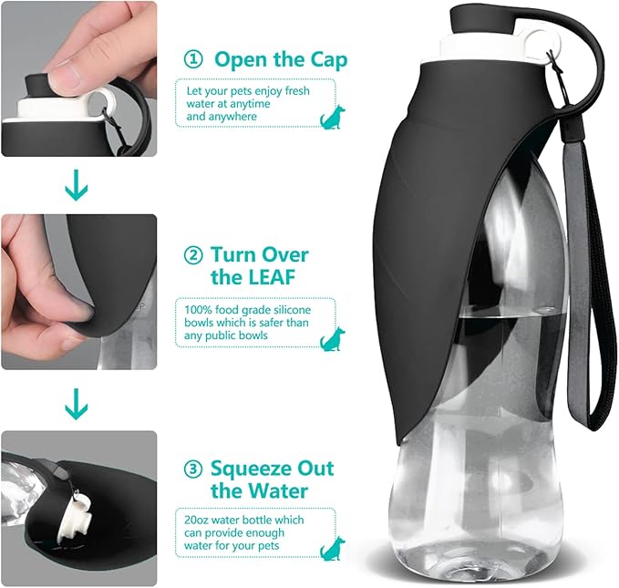 Dog Water Bottle, Portable Pet Water Dispenser Feeder Leak Proof with Drinking Cup Dish Bowl for Outdoor Walking, Hiking, Travel, 20OZ Water Bottle Fit for Small to Large Dogs and Cats Black