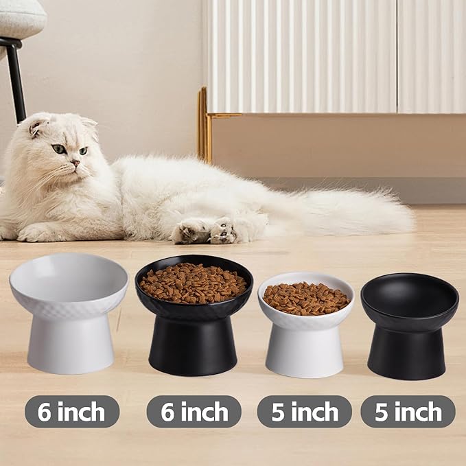 Ceramic Raised Cat Bowls, Elevated Tilted Cat Food and Water Bowls Set, Porcelain Stress Free Pet Feeder Dish for Cats and Small Dogs, Dishwasher and Microwave Safe, Set of 2(Black)