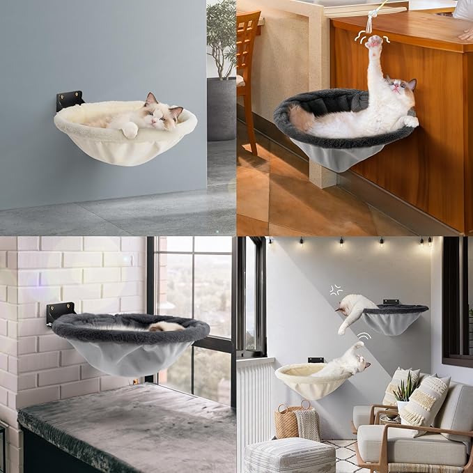 Cat Hammock Wall Mounted, Foldable & Stable Cat Beds- Breathable Cats Wall Shelves for Sleeping, Playing, Climbing, and Lounging - Maximum Hold Up to 30lb（Gray+Cream,Faux Rabbit Fur）
