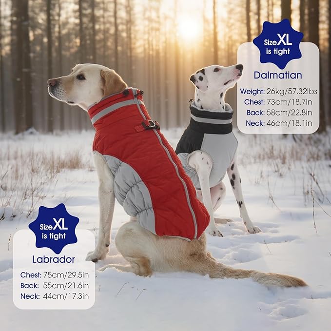 FUAMEY Dog Coat for Large Dogs,Waterproof Dog Winter Jacket with Harness Built in Puppy Cold Weather Coats Reflective Pet Vest with Zipper Warm Fleece Dogs Snowsuit Windproof Red L