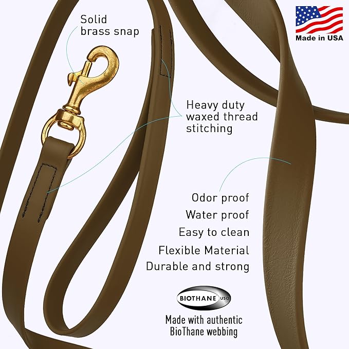 Viper Biothane K9 Working Dog Leash Waterproof Lead for Tracking Training Schutzhund Odor-Proof Long Line with Solid Brass Snap for Puppy Medium and Large Dogs, 15ft Coyote Brown