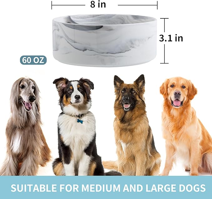 Raised/Elevated Ceramic Dog Bowl for Medium Large Sized Breeds,Dog Food Water Bowl with Stand,8 in 7.6 Cups Non Slip Heavy Weighted Marble Grey