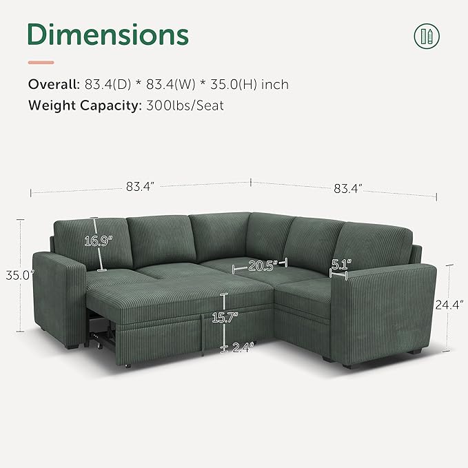 HONBAY Sectional Sleeper Sofa with Pull Out Bed, Corduroy L Shaped Couch with Storage, Modular Sectional Couches for Living Room, Green