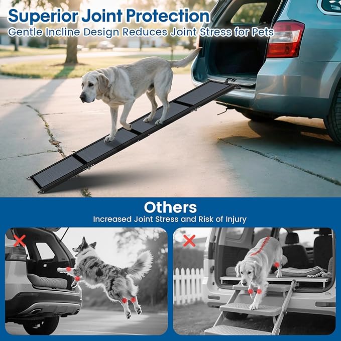 HBTower 67" Long & 17.3" Wide Folding Dog Ramp for Car, SUV & Truck – Portable Pet Ramp with Non-Slip Surface, Extra Wide Steps for Large Dogs Up to 250LBS