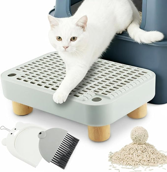 Pet Supplies Cat Litter Box Step Ramp with Wooden Base, Non-Slip Washable Step Pedal Stool, Anti-Tracking Catcher for Kitten and Elderly Cats