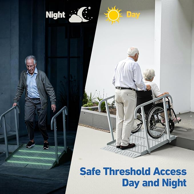 Portable Wheelchair Ramp with Handrails, 1-7" Aluminum Handicap Ramp for Home Steps, Stairs, Porches, Heavy Duty Folding Threshold Ramp with Non-Slip Surface & Safety Rails, Supports up to 770 lbs