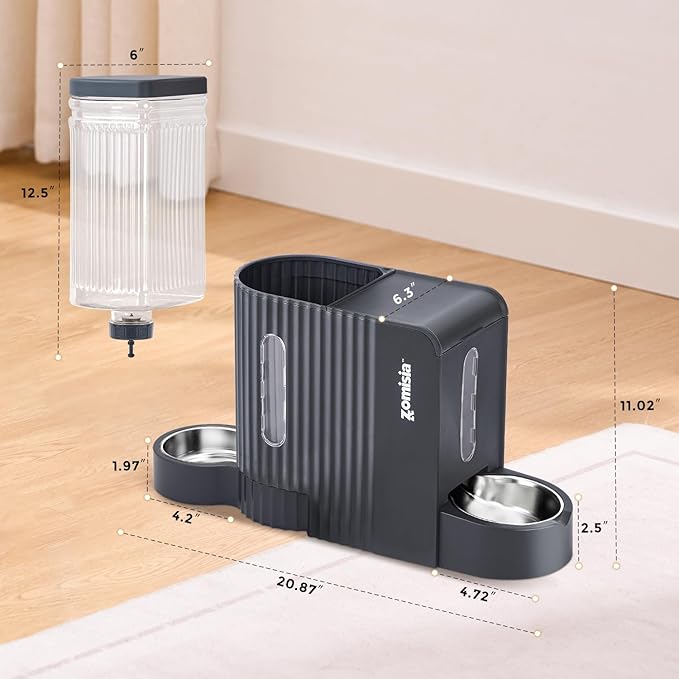 Gravity Cat Feeder and Water Dispenser with 304 Stainless Steel Bowls, 2 in 1 Automatic Cat Feeder with 180 Degree Rotatable Water Bowl, Large Capacity for Puppy Kitten Rabbits, Black