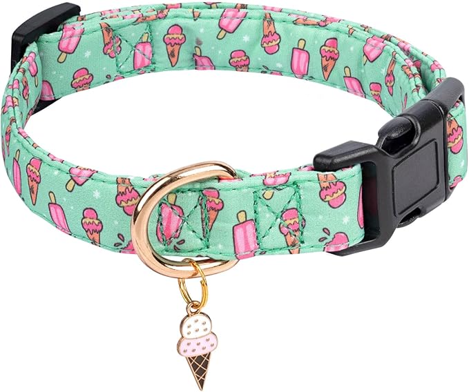Cotton Dog Collar,Adjustable Cute Puppy Collar with Moon Patterned Design for Small Medium Large Dogs,Soft and Fancy Pet Collar with Safety Buckle for Girl Boy Dogs (Green Ice Cream, S)