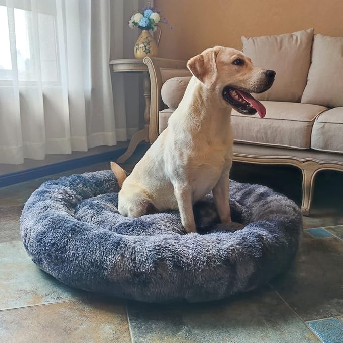 Oval Calming Donut Cuddler Dog Bed,Shag Faux Fur Cat Bed Washable Round Pillow Pet Bed(30"/36"/43") for Small Medium Dogs (XL(36"x27"x7"), Grey2021)