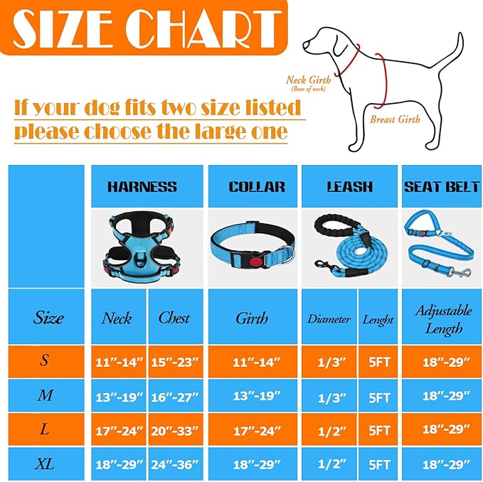 No Pull Dog Harness, Collar & Leash Set | Includes Dog Seat Belt, Collapsible Bowls & Poop Bag Dispenser. Ideal for Training, Walking, Hiking. Fits Small to Large Dogs(Blue-L)