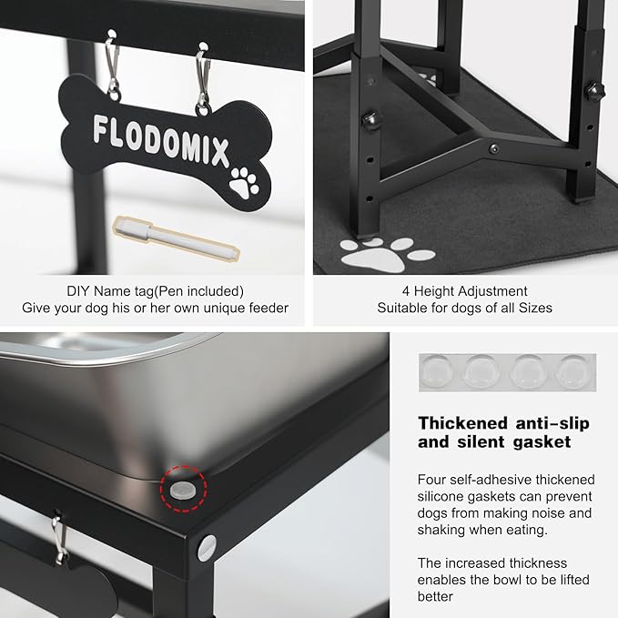 2.8 Gallon Elevated Large Dog Water Bowl, 4 Adjustable Height 10.5-15.8'' Raised Stainless Steel Bowl Stand with Anti-Slip Mat for Large Breed, Metal Dog Feeding Station for Relief Joint Pressure
