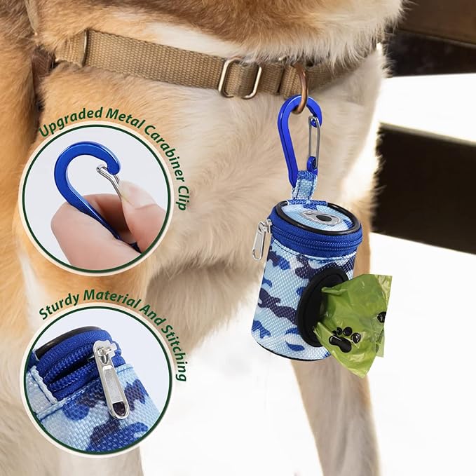 Dog Poop Bag Holder for Leash Doggie Waste Bag Dispenser Puppy Potty Carrier Small Doggy Zipper Pouch with Carabiner Clip 1680D Nylon Oxford with 1 Roll of Pet Trash Bags, Sky Blue Camo