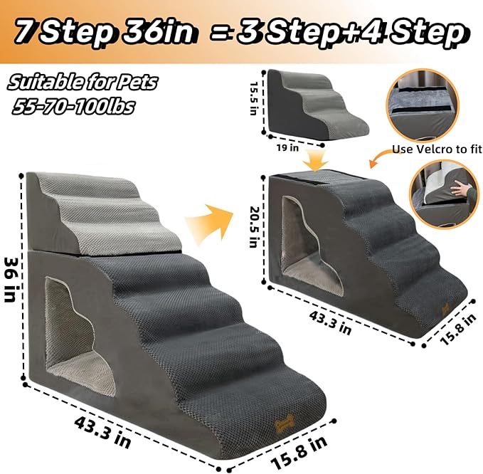 7-Step Dog Stairs for 36 Inch High Beds Small Dogs, Pet Ramp Stairs 20-42 Inch Couch Bed, Non-Slip Balanced Stairs 75lbs for Small Old Large Dogs Cats to Get on Bed