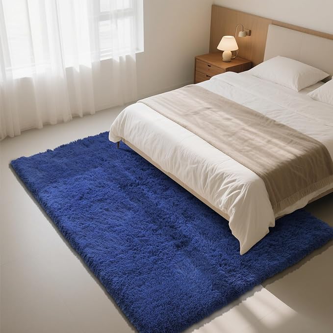 Blue Fluffy Rug Shaggy Area Rug, 4x6 Area Rugs for Girls Bedroom, Soft Cute Baby Play Mat, Indoor Floor Carpet for Teen, Nursery, Preppy Dorm, Plush Aesthetic Bedside Rug