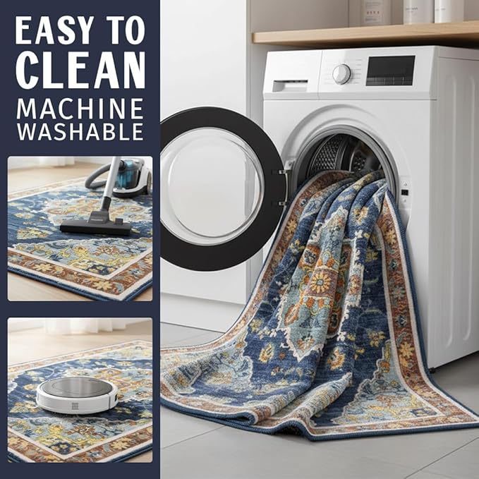 Muddy Mat짰 Mosaic 2ft x 7ft Washable Area Rugs for Living Room, Bedroom & Dining Room ??Modern Soft Low Pile Non Slip Carpet ??Pet Friendly Waterproof Foldable Rugs for Home