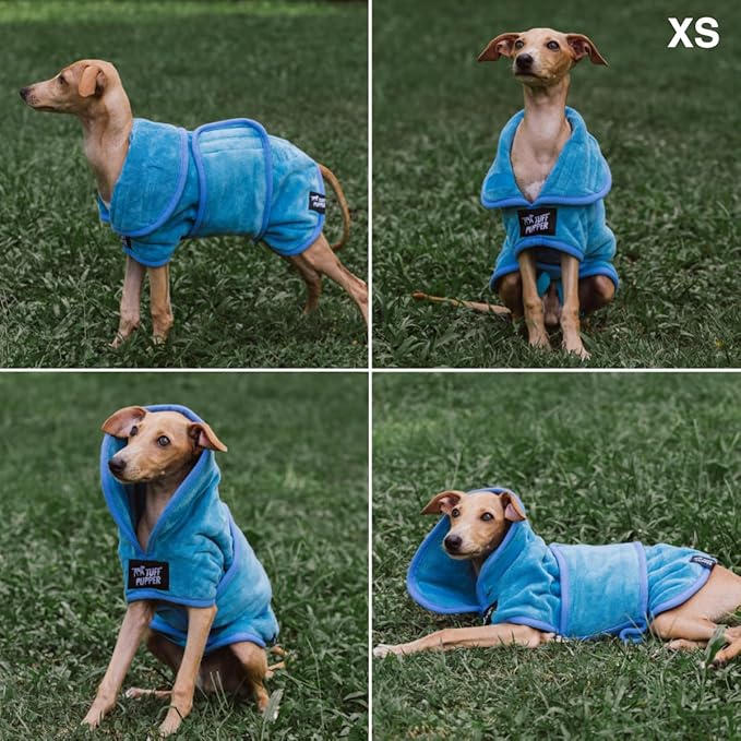 Tuff Pupper Fast Drying Dog Bath Robe | 800 GSM Plush Dog Towel Bathrobe/Dressing Gown | Super Absorbent Pet/Puppy Bathrobe | Adjustable Hood & Belly Strap | Super Soft | Fast Drying (XS, Blue)