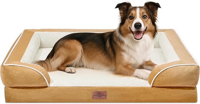 Comfort Expression Orthopedic Dog Bed for Large Dogs 38x25 Inch, Waterproof Supportive Egg Crate Foam Large Pet Bed with Removable Bolsters, Dog Couch with Washable Cover & Non-Slip Bottom, Caramel