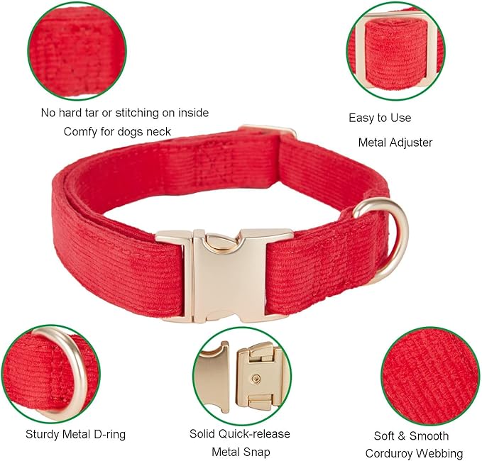 Soft Corduroy Fibric Dog Collar with High Grade Metal Buckle, for Medium Dogs.(Red,Medium:12-19")