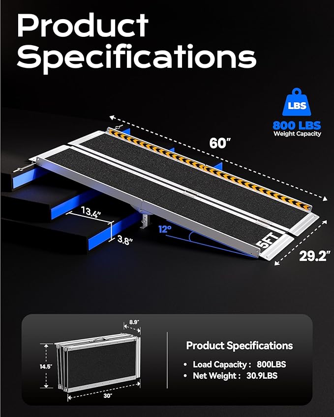 Portable Wheelchair Ramp 5ft, Non-Skid Aluminum Ramps for Wheelchairs for Home Steps, 800 LBS Capacity Handicap Ramp for Doorway, Threshold, Front Porch, Entry, Stairs 60" Lx 29.2" Wx2H