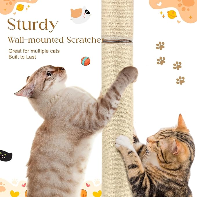 2 Pcs 30" Wall Mounted Cat Scratching Post for Large Cats, Wall Mounted Sisal Scratching Post, Furniture for Indoor Cats Climb Stretch Play, Tall and Sturdy Cat Climbing Pole, Wooden