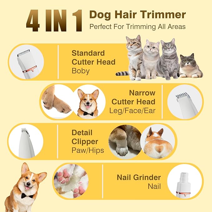 4-in-1 Dog Grooming Clippers Kit-Quiet Dog Nail Grinder & Paw Trimmer,USB-C Rechargeable Cordless Low Noise IPX4 Waterproof Pet Clippers for Small Dogs & Cats,6 Guide Combs