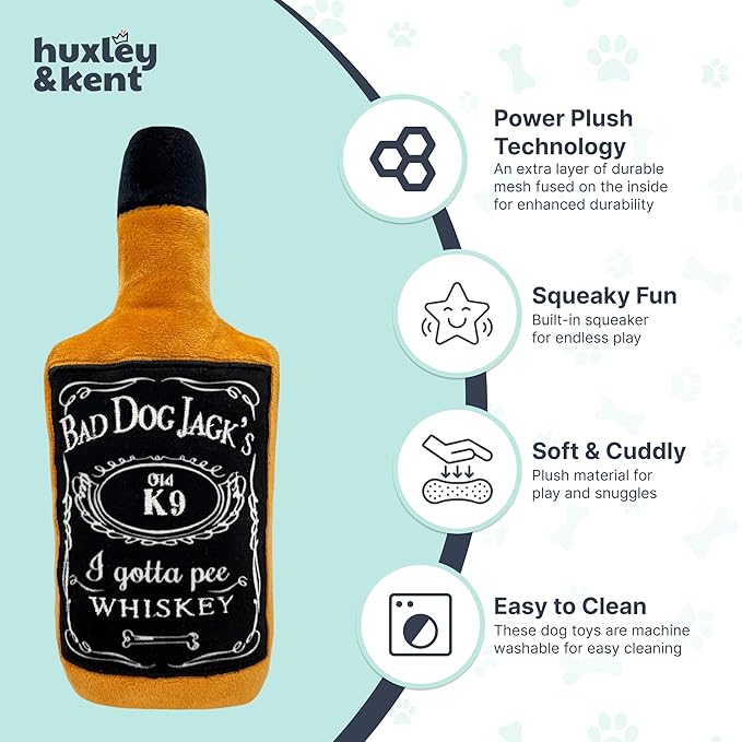 Huxley & Kent Funny Dog Toys w/Squeaker & Crinkle -Stimulating & Interactive Chew Toy for Dogs - Mesh Lined Stuffed Toy - Easy to Clean for All Breeds (Bad Dog Jack's Whiskey,Small)