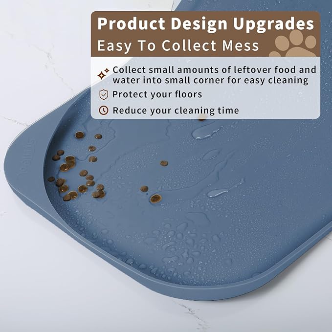 Silicone Pet Food Mat with Raised Edge for Food and Water Bowl, Dog Feeding Mats, Cat Food Trays for Floor Waterproof, Rubber Tray for Dogs and Cats, 24 x 16 x 0.8 Slate Blue