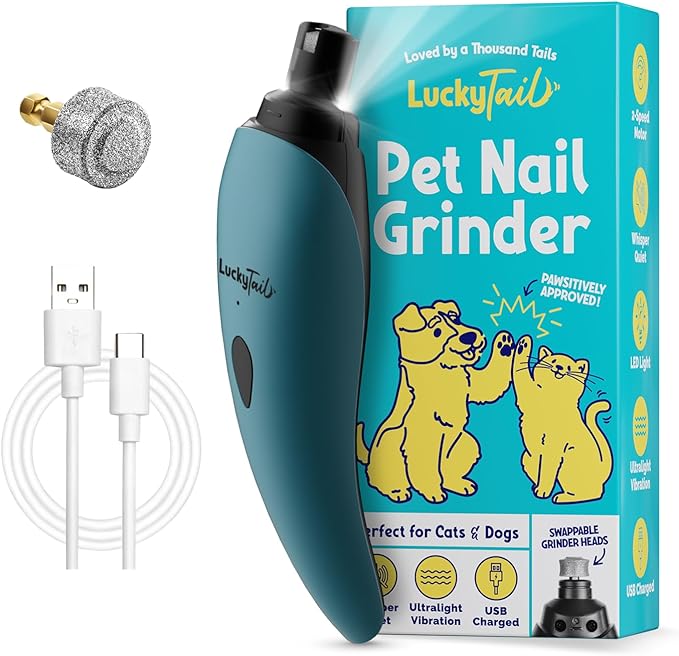 LUCKY TAIL Pet Nail Grinder for Dogs and Cats - Super Quiet and Low Vibration Electric Dog Nail Grinder with 2 LED Lights - USB Rechargeable and Cordless - 2 Speeds - Small to Large Pets - Teal