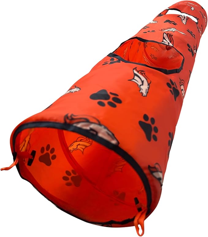 NFL Denver Broncos Cat Tunnel Tube Toy with Plush Football Catnip and Feathers Collapsible Tunnel for Cats to Play, Peek and Hide, Sporty & Fun Cat Tunnel Toy with Team Logo All-Over Design!