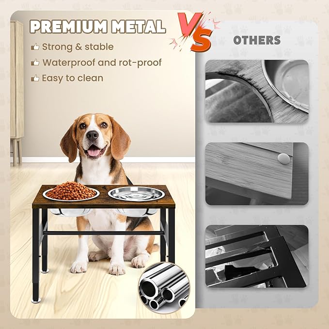 Elevated Dog Bowls, 3 Height Adjustable Raised Dog Water Food Bowl Wooden Metal Stand, 42OZ-Stainless Steel Bowls for Medium Small Dogs