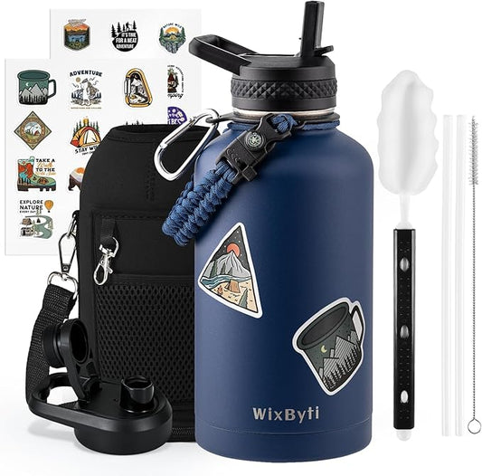 64 oz Insulated Water Bottle with Straw (Cold for 48 Hrs), Half Gallon Stainless Steel Triple Wall Vacuum Sports Water Jug, Leakproof Hydro Cup Flask with Straw Spout Lids & DIY Stickers