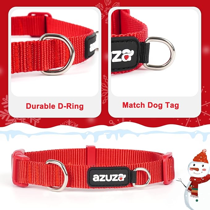 azuza 3 Pack Christmas Nylon Dog Collars Buffalo Check Durable and Comfortable Dog Collars with ID Tag Ring Adjustable for Medium Dogs, M (14-20inch)